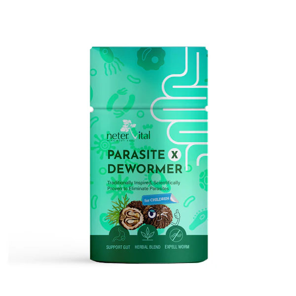 A green container labeled Neter Vital Parasite X Dewormer for Children with illustrations of herbs, an intestine graphic, and icons suggesting herbal and digestive themes, available at Fisa Health.