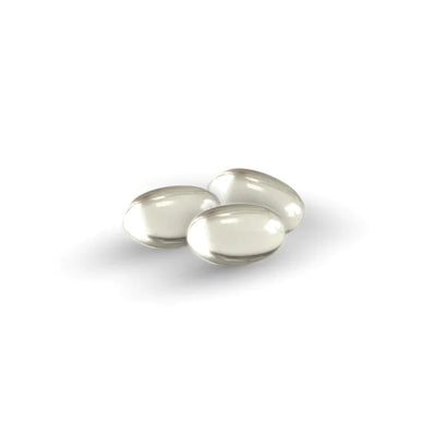 Three oval gel capsules of CLEAN OMEGA-3 Ultra High Purity DHA Algae Oil are placed on a white surface with faint shadows, available at Fisa Health.