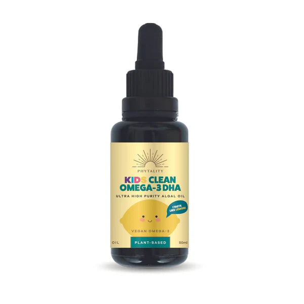 A 50ml bottle of Kids Clean Omega-3 with a dropper cap, lemon flavor, solvent-free and plant-based, featuring a cheerful lemon illustration on the yellow label, available at Fisa Health.