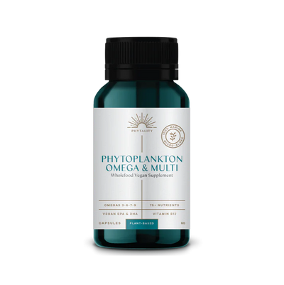 A dark green bottle labeled "Phytoplankton 60 Veg. Capsules (500mg) Omega & Multi" is displayed against a plain light background, available at Fisa Health.