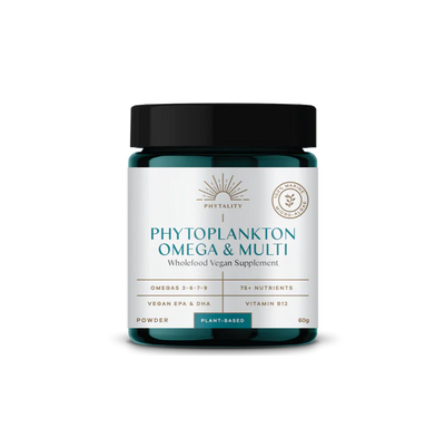 A jar of Phytoplankton Powder 60g Omega & Multi with a white label displayed on a plain background, available at Fisa Health.