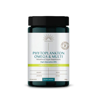 A jar of Phytoplankton Powder Omega & Multi - Lime & Vanilla with a green and white label displaying product information, available at Fisa Health.