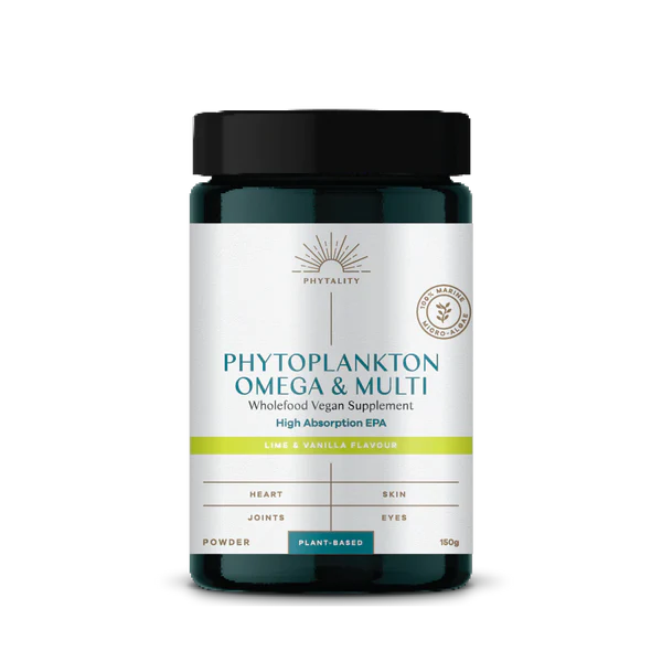 A jar of Phytoplankton Powder Omega & Multi - Lime & Vanilla with a green and white label displaying product information, available at Fisa Health.