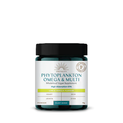 FISA Health Phytoplankton Powder Omega & Multi - Lime & Vanilla is a fish-free omega-3 and plant-based multivitamin in a container with lime and vanilla flavor, available at Fisa Health.