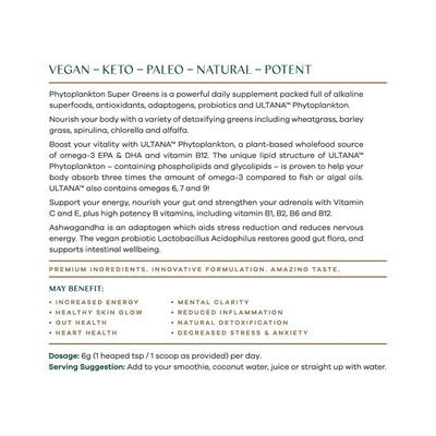 The Phytoplankton Super Greens Powder 180g label shows the brand name, product name, mentions omega-3s, alkaline superfoods, ingredients, directions, and dietary suitability; available at Fisa Health.
