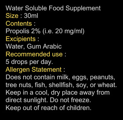 Black background with white and yellow text showing Mycell Inside Propolis 30ml water-soluble food supplement, along with usage, allergen, and storage information, available at Fisa Health.