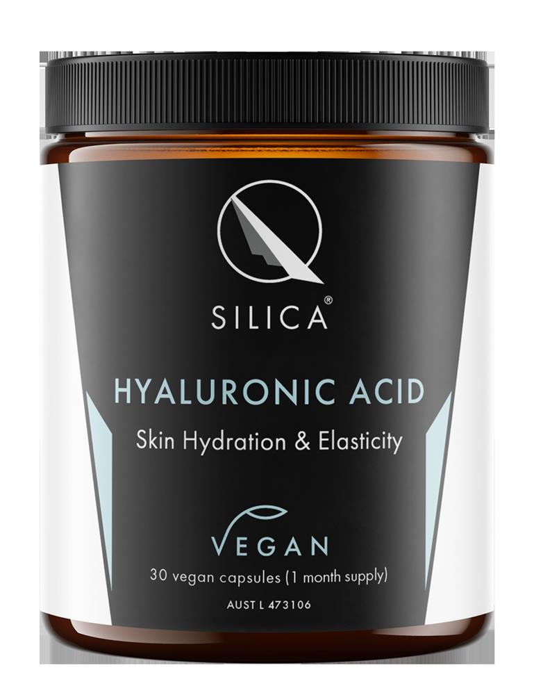 QSilica Hyaluronic Acid 30 Capsules bottle, labeled as a one month supply, placed on a plain background, available at Fisa Health.