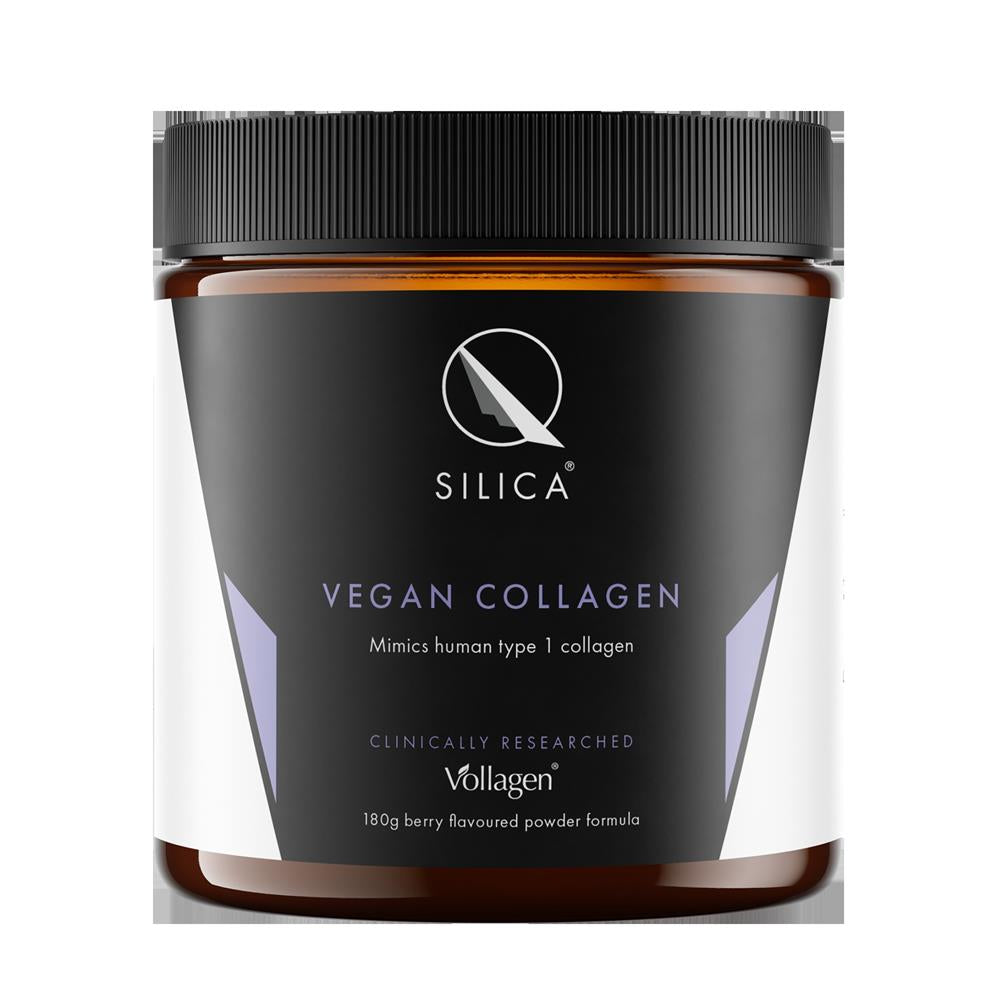 A brown jar with a black lid labeled QSilica Vegan Collagen Powder 180g, berry-flavoured and plant-based, available at Fisa Health.