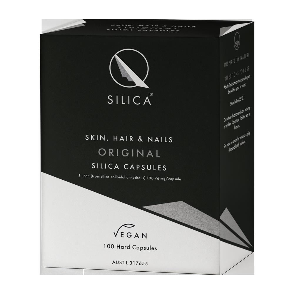 A black and white box labeled QSilica Skin Hair Nails Original Tablets, a vegan supplement by QSilica, available at Fisa Health.