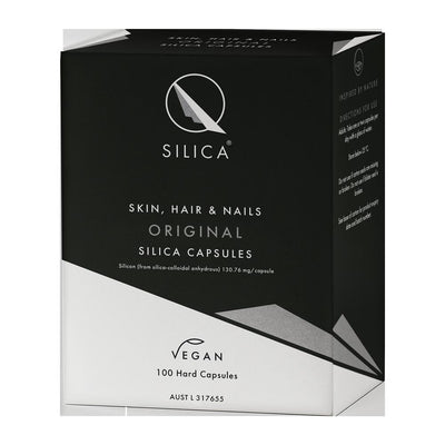 A black and white box labeled QSilica Skin Hair Nails Original Tablets, a vegan supplement by QSilica, available at Fisa Health.