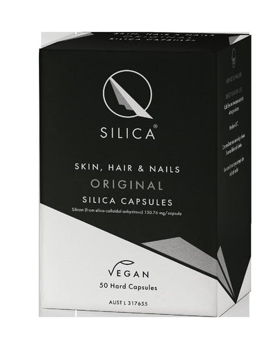 A black and white box of QSilica Skin Hair Nails Original Tablets, vegan formula, 50 tablets, available at Fisa Health.