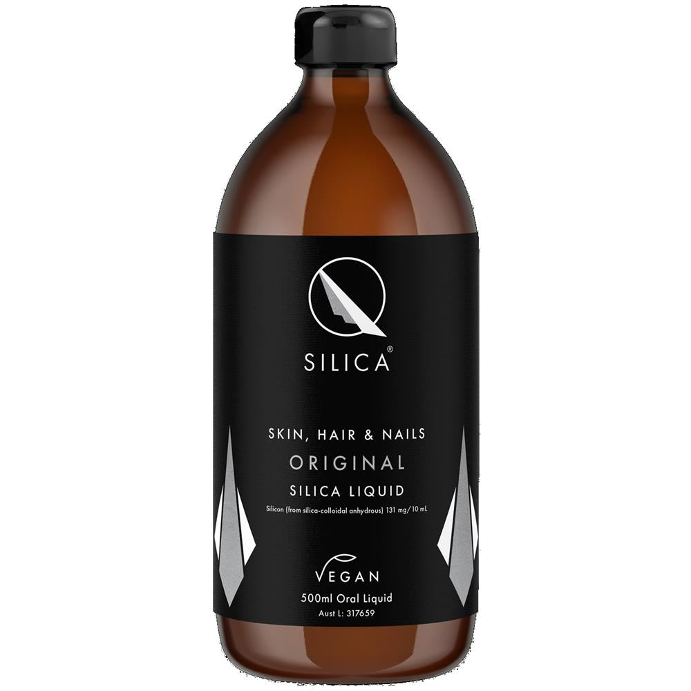 QSilica Original Hair Skin & Nails Liquid 500ml vegan supplement in a black bottle with white text label for oral use, available at Fisa Health.
