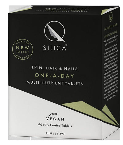 QSilica Skin, Hair & Nails One-a-day tablets, 90-count bottle. Vegan formula in green packaging for daily use by QSilica, available at Fisa Health.