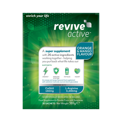 Revive Active O+M Orange & Mango Multi-Nutrient Powder with 26 active ingredients, including CoQ10 and L-Arginine, in a branded container, available at Fisa Health.