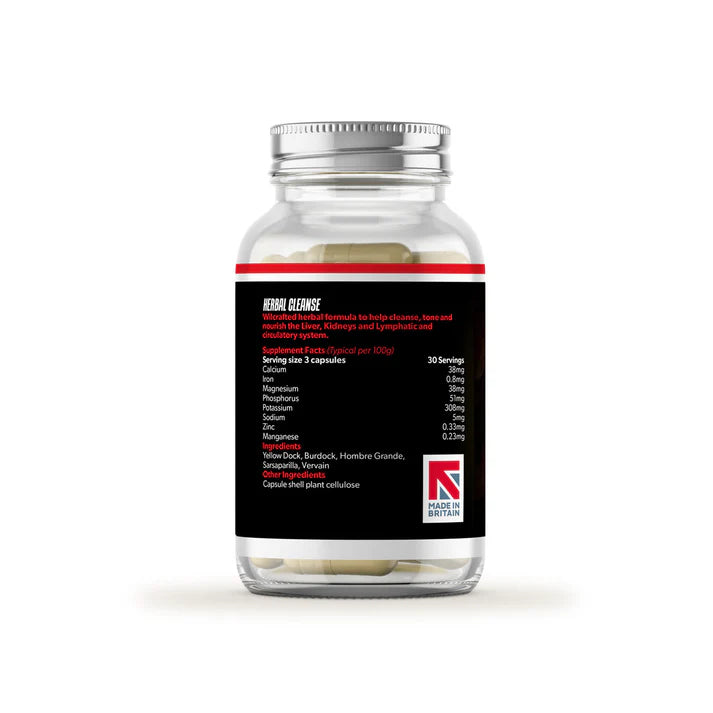 A clear bottle with a silver lid contains Raw Sport Liver, Kidney, Blood - Ironise Herbal Cleanse (90 caps), featuring a label with ingredients and a "Made in Britain" logo, available at Fisa Health.