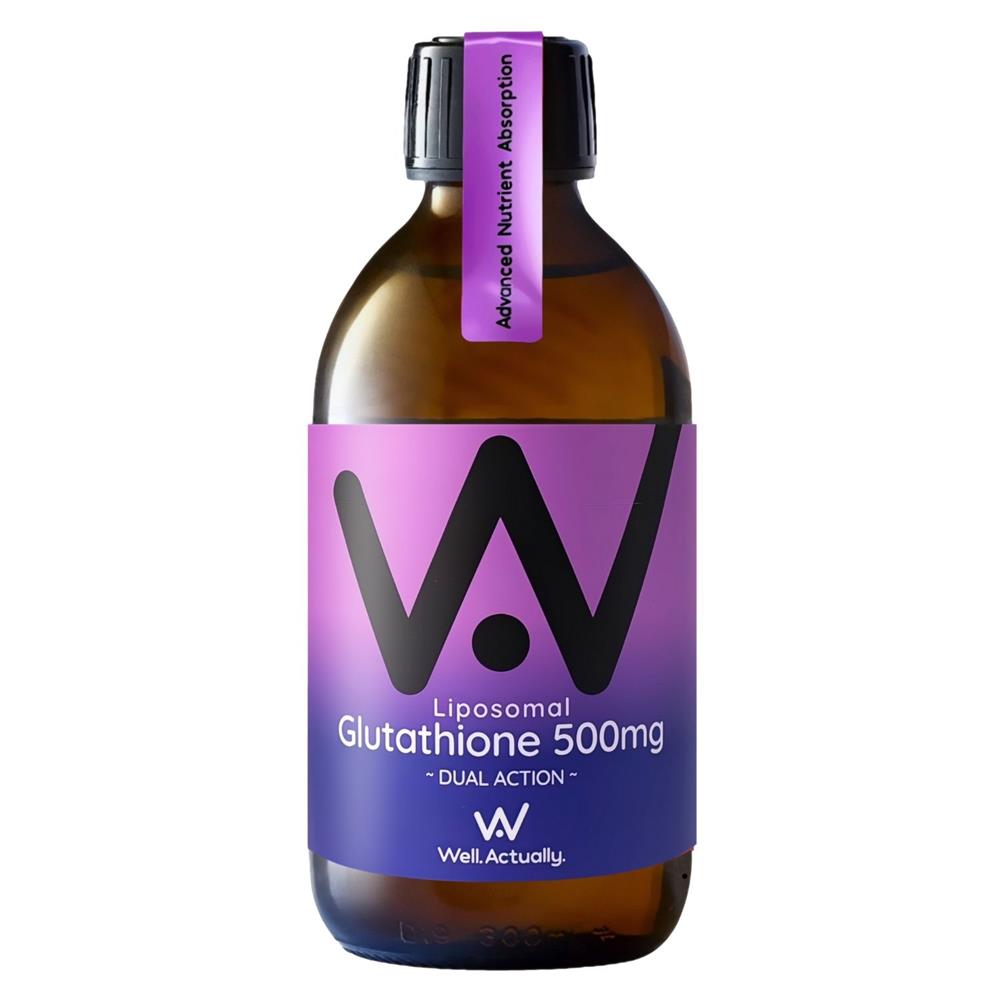 A brown bottle with a purple label displaying “Reduced L-Glutathione (500mg) - Liposomal - Blueberry 250ml” by Well Actually, available at Fisa Health.