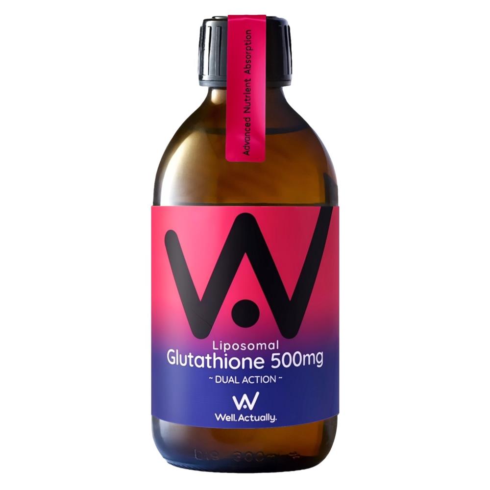 A brown glass bottle of Well.Actually. Reduced L-Glutathione (500mg) – Dual Action - Liposomal - Cherry Flavour 250ml, with a pink and purple label, available at Fisa Health.