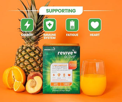 A box of Revive Active Tropical Multi-Nutrient Sachets, a glass of orange drink, fruits, and icons for energy and wellness on an orange background, available at Fisa Health.