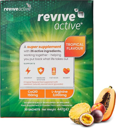 A box of Revive Active Tropical Multi-Nutrient Sachets (30), featuring images of pineapple, passion fruit, and papaya. The packaging notes CoEnzyme Q10 is included, available at Fisa Health.