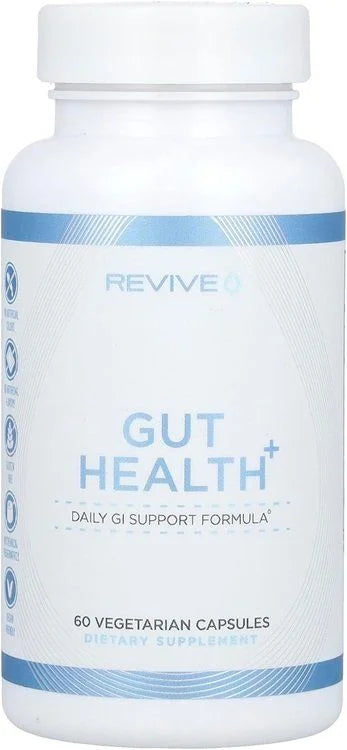 White bottle of Revive Gut Health+ 60 Capsules, available at Fisa Health.