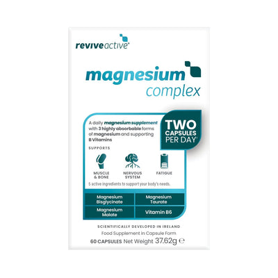 A box of Revive Active Magnesium Complex with two capsules shown in a white and teal package, displaying product and brand name. Available at Fisa Health.