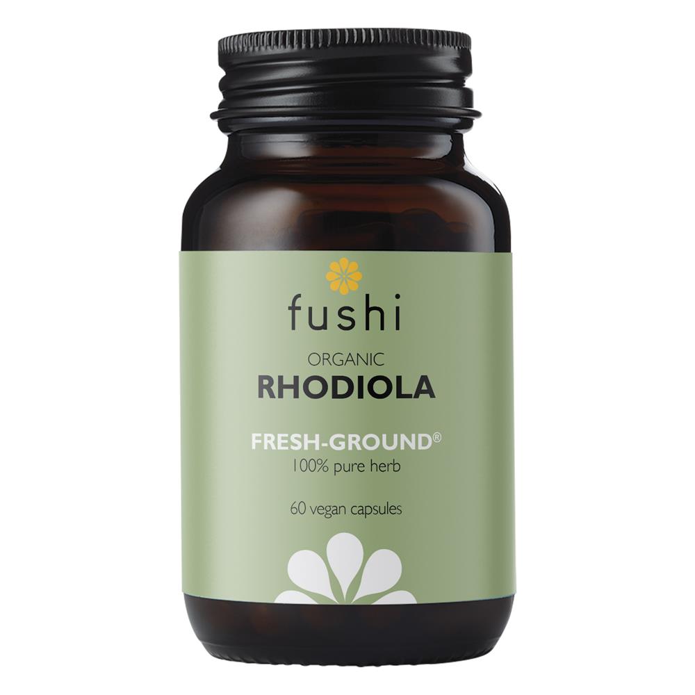 Fushi Wellbeing Rhodiola Rosea Organic 60 Veg Caps come in a brown bottle with a green label, available at Fisa Health.