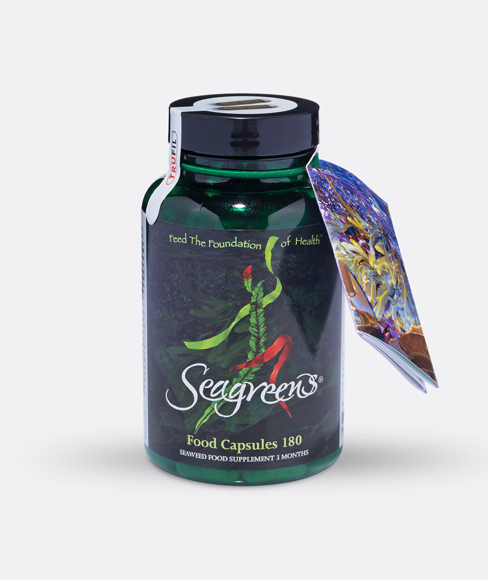 A green bottle labeled Seagreens Food Capsules 180 by Seagreens, showing it contains 180 organic seaweed multinutrient capsules, available at Fisa Health.
