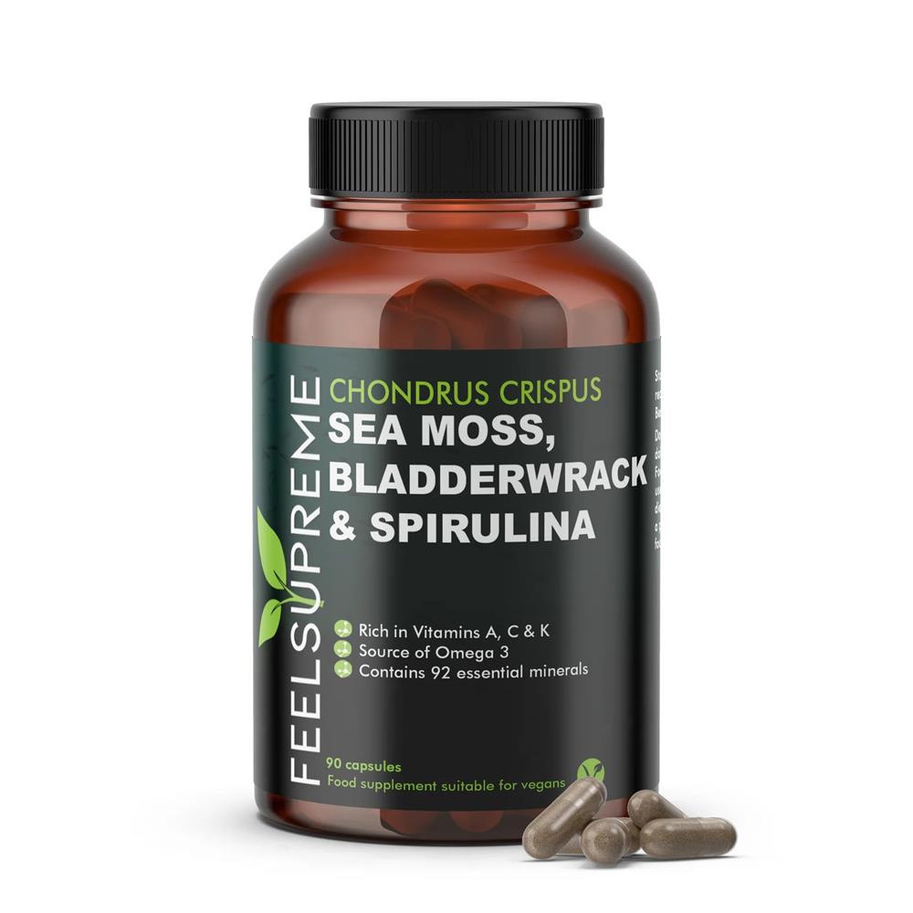 A brown Feel Supreme Seamoss with Bladderwrack and Spirulina bottle containing 90 vegan capsules, with three capsules placed beside it, available at Fisa Health.