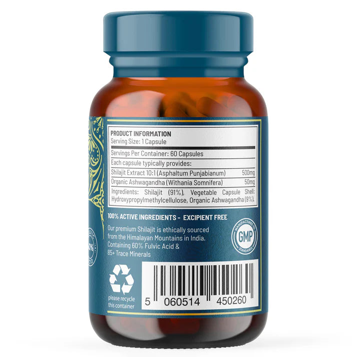 A brown bottle with a teal lid, featuring label details, barcode, GMP and recycling icons—Shilajit & Ashwagandha Energy Blend, 60 capsules, available at Fisa Health.