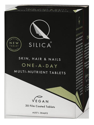 A box of QSilica Skin, Hair & Nails One a day tablets by QSilica, a vegan supplement with biotin. Each pack contains 30 film-coated tablets, available at Fisa Health.