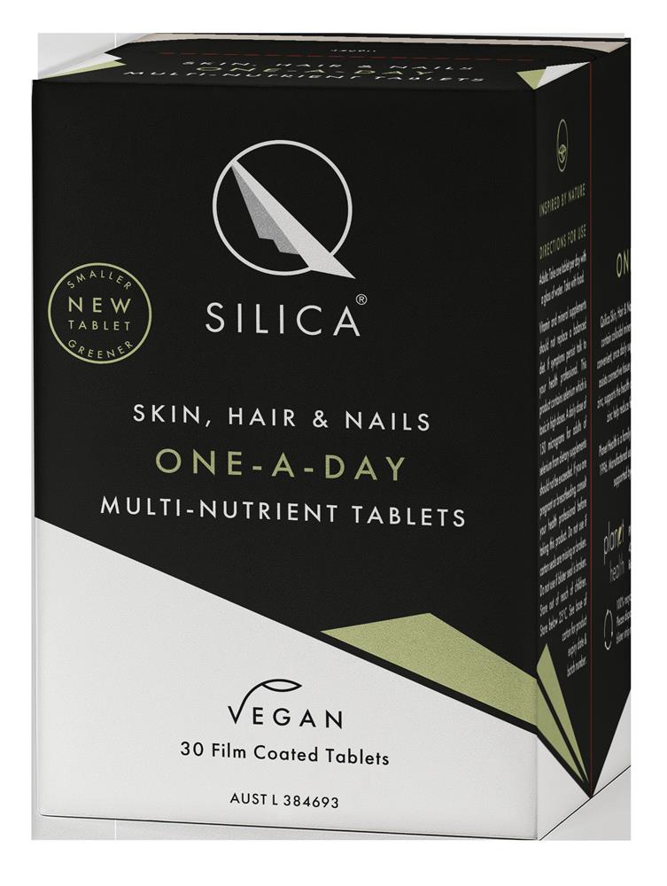 A box of QSilica Skin, Hair & Nails One a day tablets by QSilica, a vegan supplement with biotin. Each pack contains 30 film-coated tablets, available at Fisa Health.