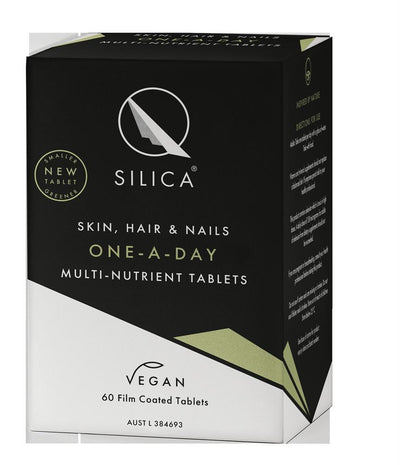 A box of QSilica Skin, Hair & Nails One a Day vegan tablets by QSilica, containing 60 film-coated tablets, available at Fisa Health.
