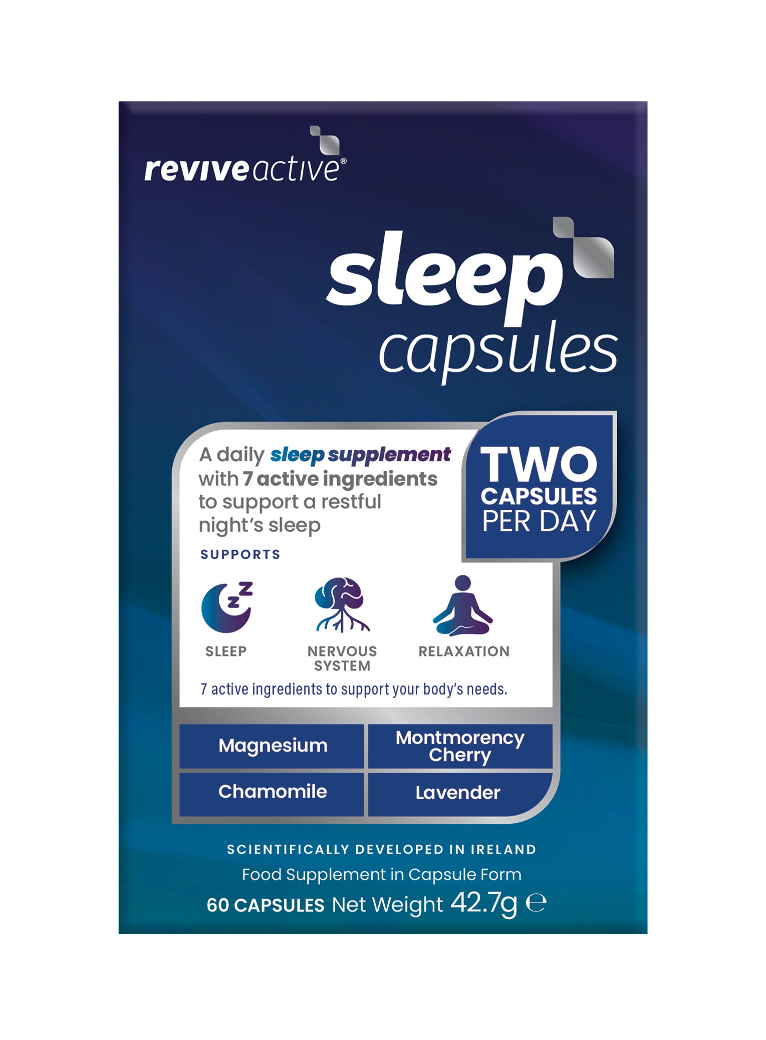 Revive Active Sleep Capsules natural supplement bottle with magnesium, chamomile, and lavender ingredients displayed. Two capsules shown near bottle, available at Fisa Health.
