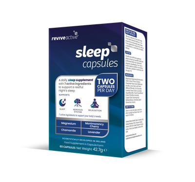 A box of Revive Active Sleep Capsules featuring ingredients such as magnesium, chamomile, cherry, and lavender. The label indicates to take two capsules daily, available at Fisa Health.