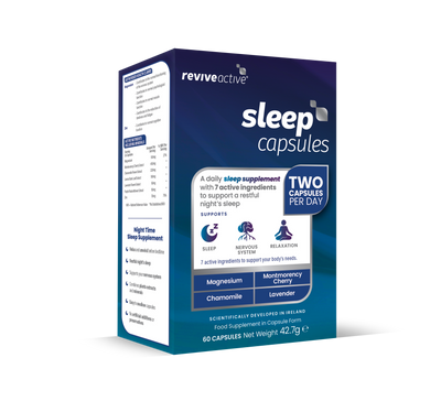 Revive Active Sleep Capsules with magnesium and chamomile, shown with packaging and clear instructions to take two capsules daily, available at Fisa Health.