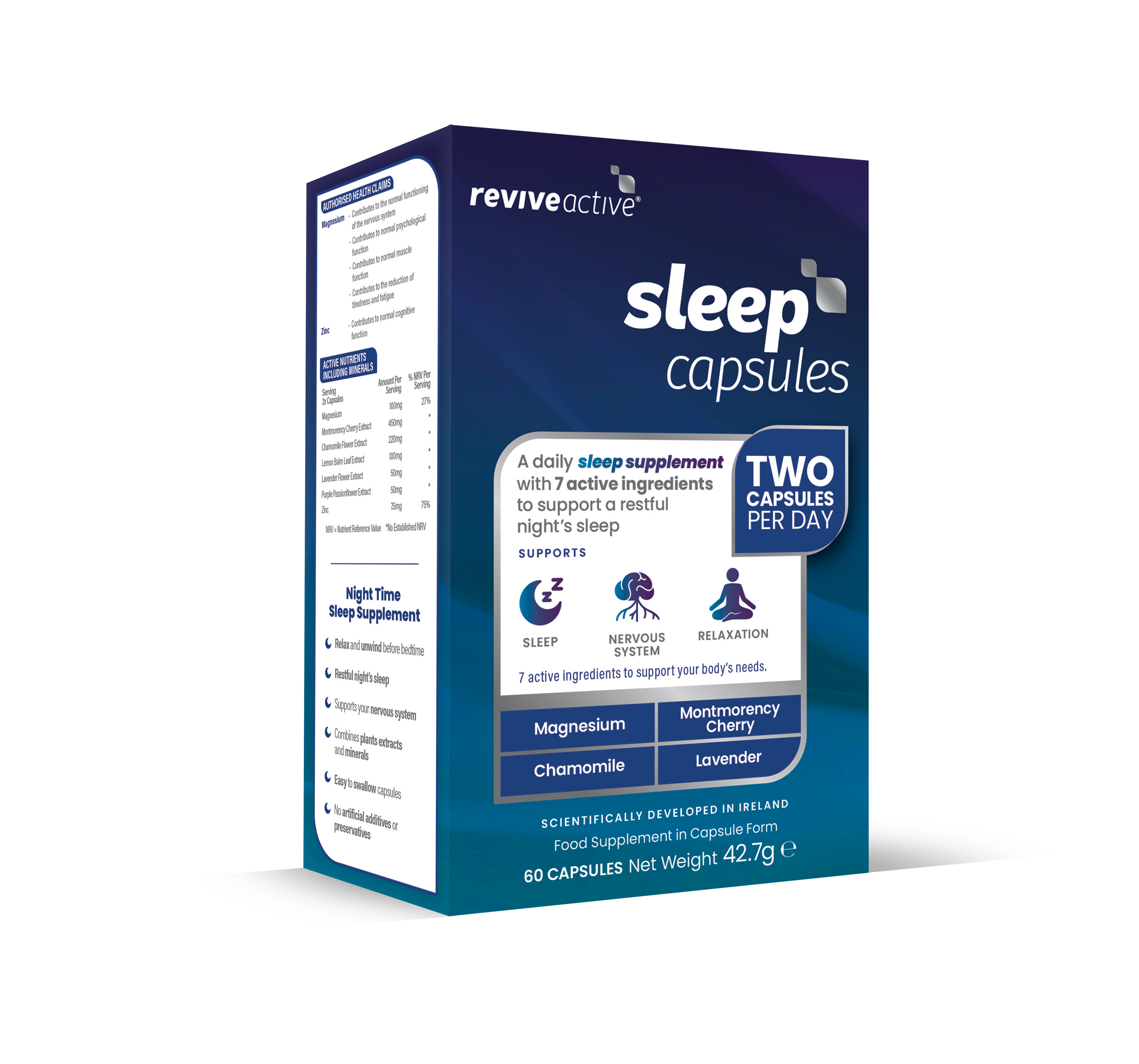 Revive Active Sleep Capsules with magnesium and chamomile, shown with packaging and clear instructions to take two capsules daily, available at Fisa Health.