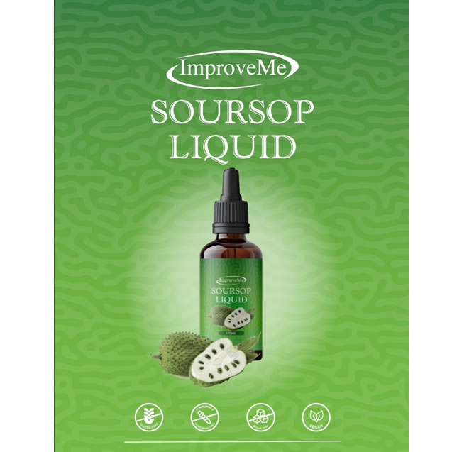A brown ImproveMe-Soursop Liquid dropper bottle with Graviola extract and vitamin C, next to a soursop fruit on a green background, ImproveMe logo and icons below, available at Fisa Health.