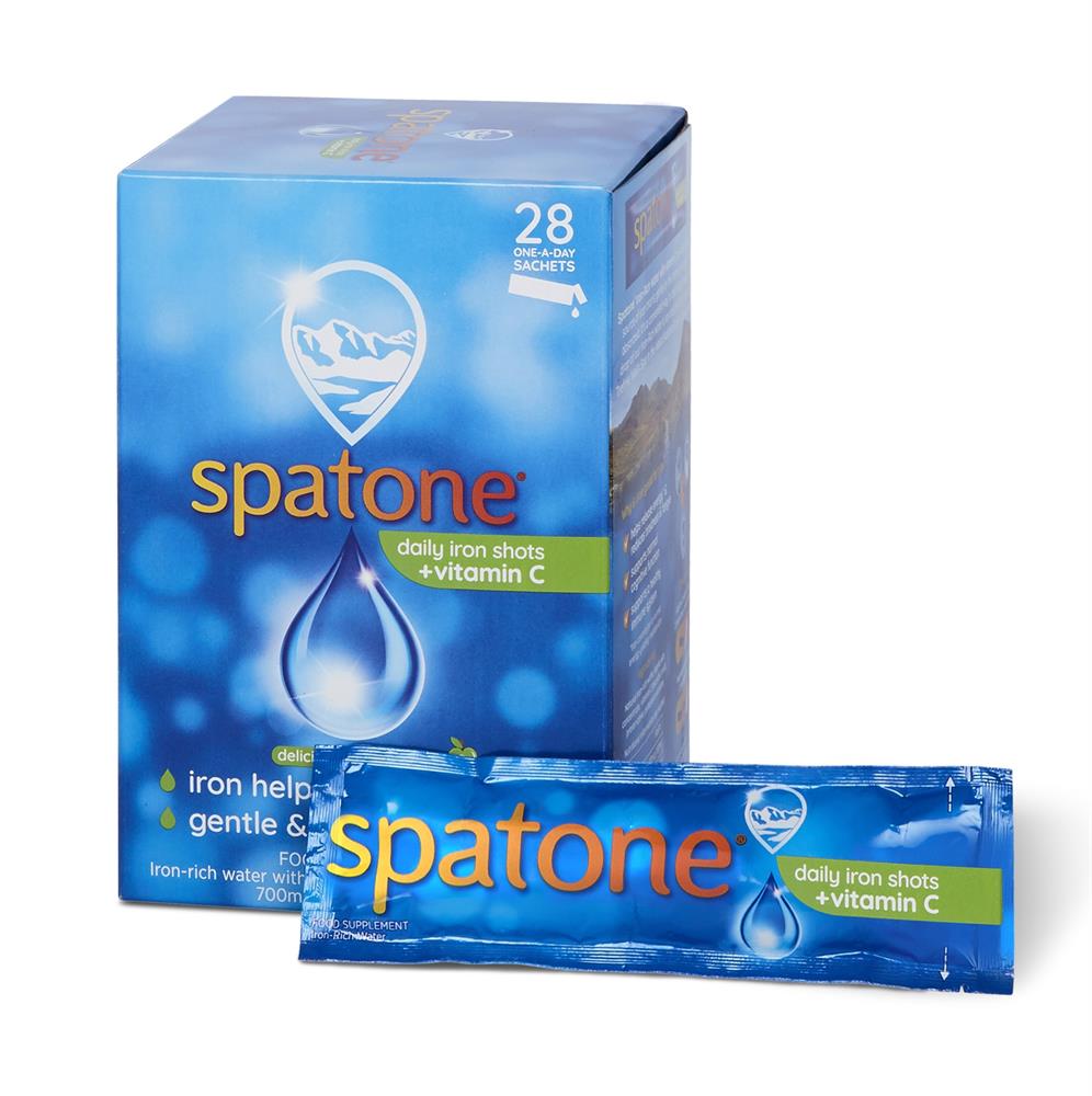 Box of Spatone Apple liquid iron supplement with Vitamin C, 28 sachets, showing the box and one individual sachet, available at Fisa Health.