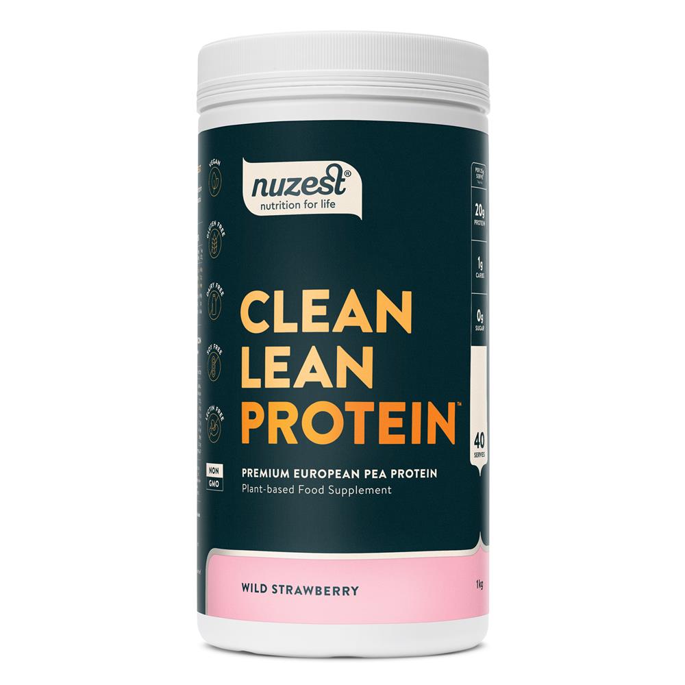 A white Nuzest Clean Lean Protein container, Wild Strawberry flavor, featuring bold yellow and white text with a pink accent. Made from European Golden Pea Protein, available at Fisa Health.