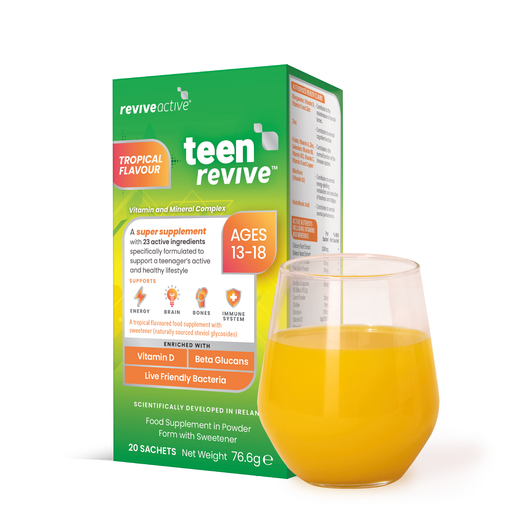 A box of Active Teen Revive Tropical Flavour is displayed next to an orange-yellow drink, with the packaging showing product details. Available at Fisa Health.