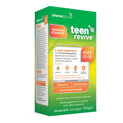 A green and orange box of Revive Active Teen Revive- Tropical Flavour for ages 13-18 with 20 sachets. The front features key nutrients. Available at Fisa Health.