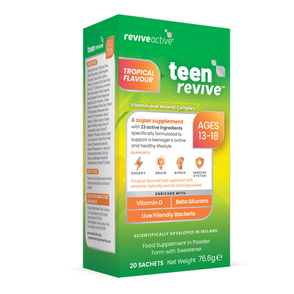 A green and orange box labeled "Revive Active Teen Revive Tropical Flavour," shows it contains 20 sachets for ages 13–18, listing 23 ingredients and key vitamins. Available at Fisa Health.