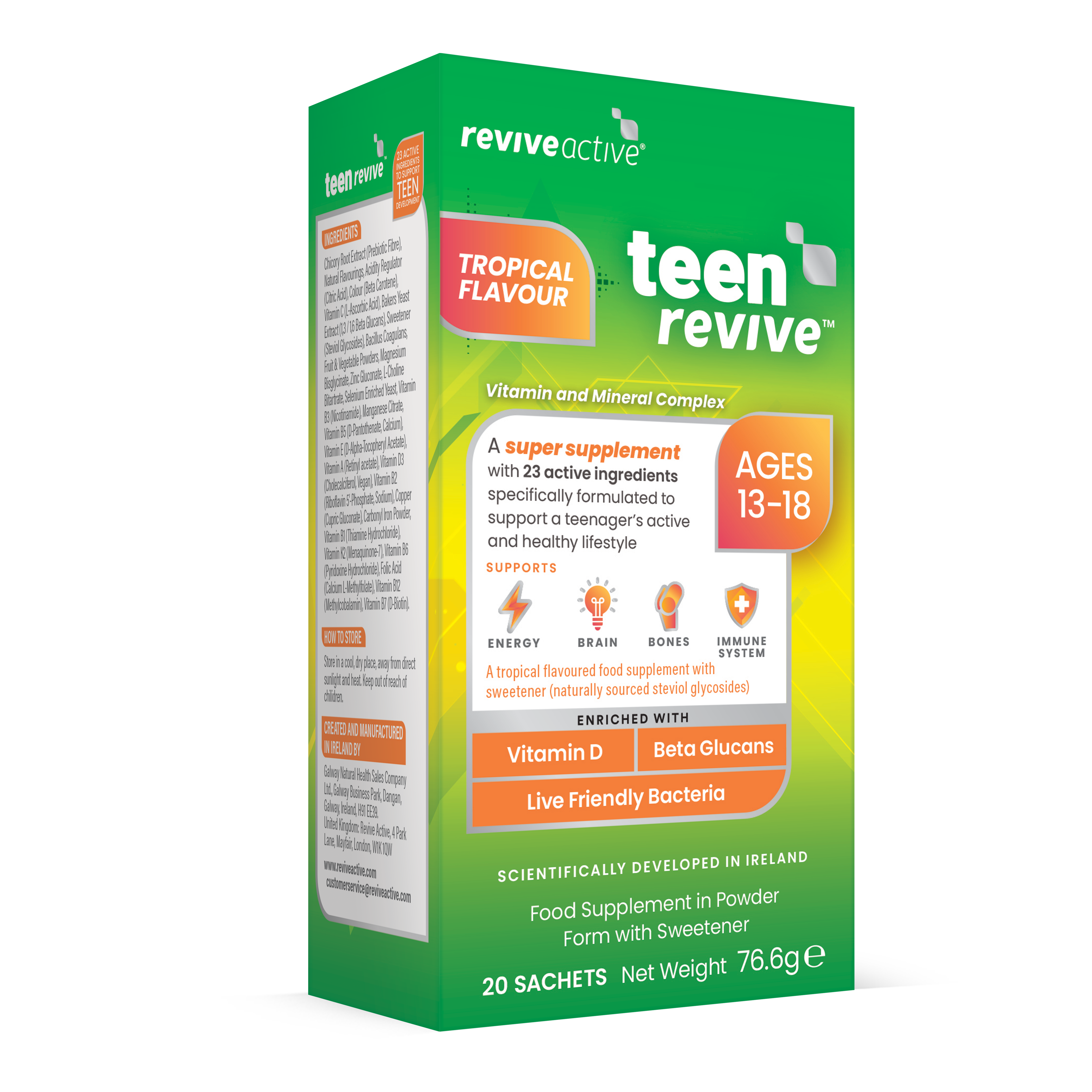 A green and orange box labeled "Revive Active Teen Revive Tropical Flavour," shows it contains 20 sachets for ages 13–18, listing 23 ingredients and key vitamins. Available at Fisa Health.