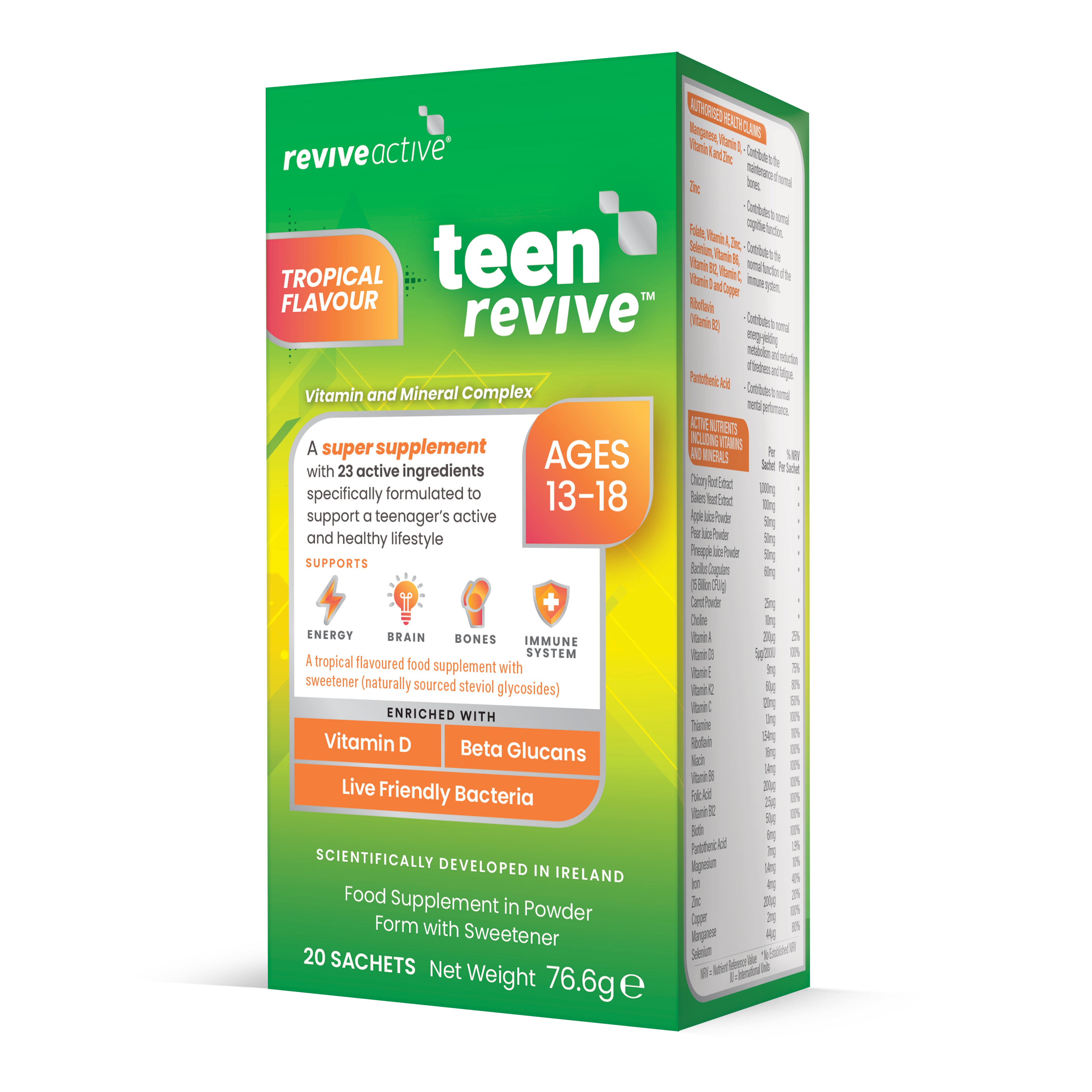 A green and yellow box labeled Revive Active Teen Revive Tropical Flavour for ages 13-18, featuring text about vitamins, minerals, live bacteria, and containing 20 sachets. Available at Fisa Health.