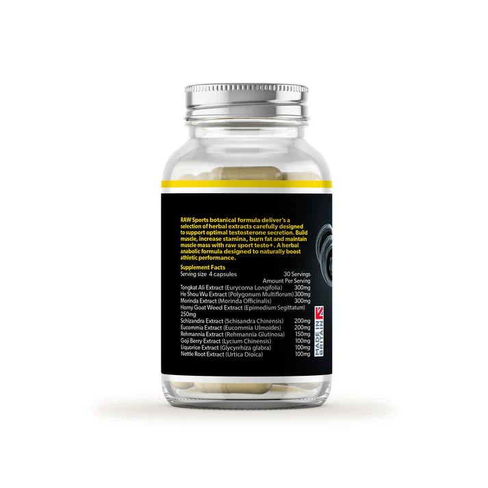 A clear bottle with a silver cap displays yellow Raw Sport Testo+ capsules, featuring supplement facts, ingredients, and the Raw Sport logo on the lower right of the label, available at Fisa Health.