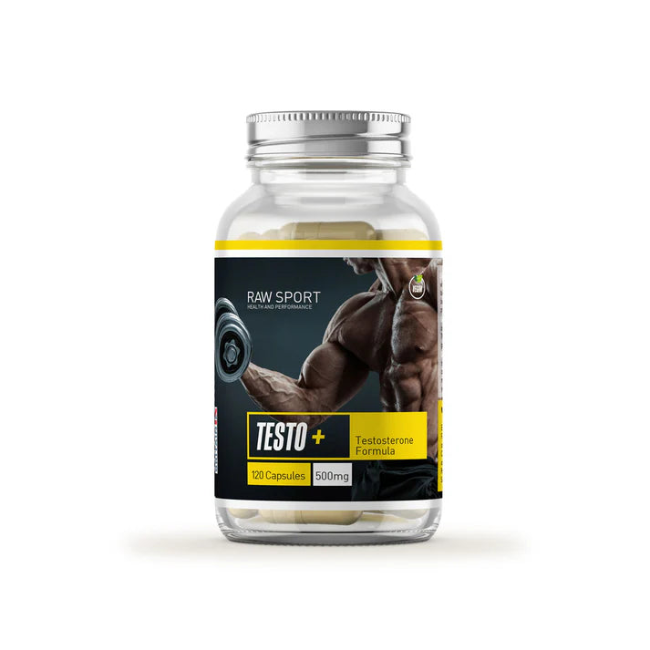A bottle of Raw Sport Testo+ Testosterone Formula, 120 x 500mg capsules, placed next to a muscular arm holding a dumbbell, available at Fisa Health.