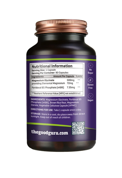 Dark brown bottle of The Good Guru Magnesium Glycinate + Vitamin B6 90 Capsules with a purple label displaying product information, available at Fisa Health.
