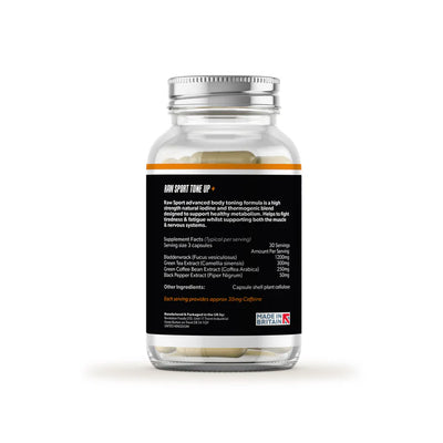 A clear bottle with a silver cap contains white capsules labeled Raw Sport Tone Up+ Advanced Body Toning Formula, displaying supplement details and a Made in Britain logo, available at Fisa Health.