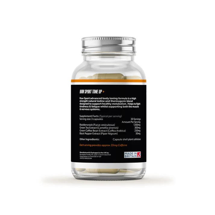 A clear bottle with a silver cap contains white capsules labeled Raw Sport Tone Up+ Advanced Body Toning Formula, displaying supplement details and a Made in Britain logo, available at Fisa Health.