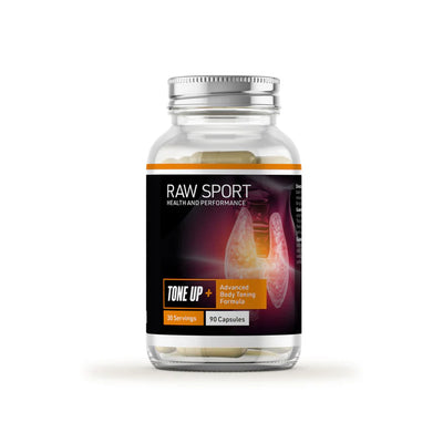 Raw Sport Tone Up+ Advanced Body Toning Formula bottle with 90 capsules, product packaging visible, available at Fisa Health.